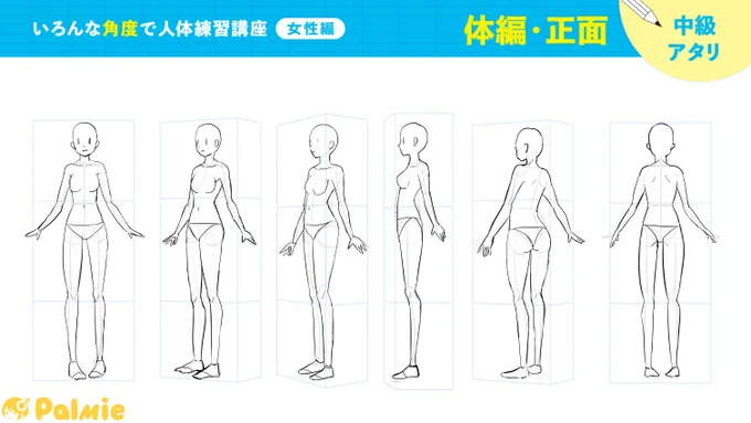 いろんな角度で人体練習講座(女性編)3周目体編・正面完了しました。 まだ、あおりとふかんが残ってる… #パルミー←2周目 3周目→ 