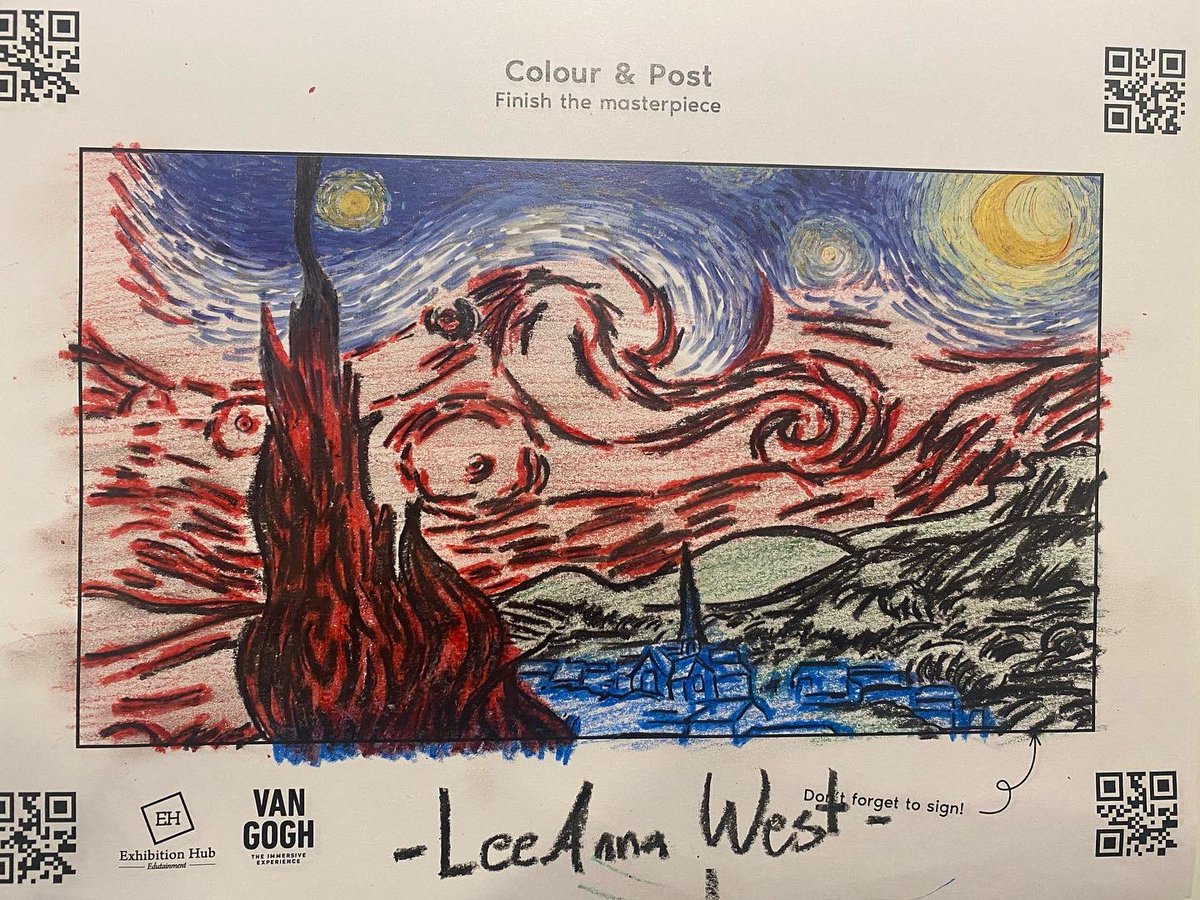 thatbunnywabbit's tweet photo. I call it Fiery Night, made @VanGoghExp π #starrynight #VanGogh #vangoghexperience #fiery #fierynight #artgirls #chivette #seattlechivette #art #coloring #crayons #craynonart #artsy https://t.co/tIMcfWsSxM