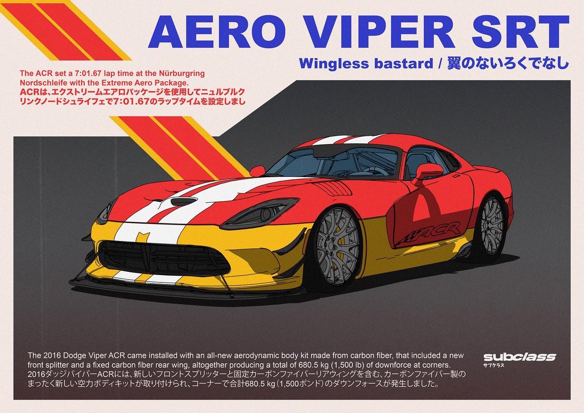 _subclass's tweet photo. Vintage poster with SRT Viper ACR

#dodge #viper #SRT #acr #subclass #poster #digitalpainting #illustration https://t.co/T4cDGcjBrw