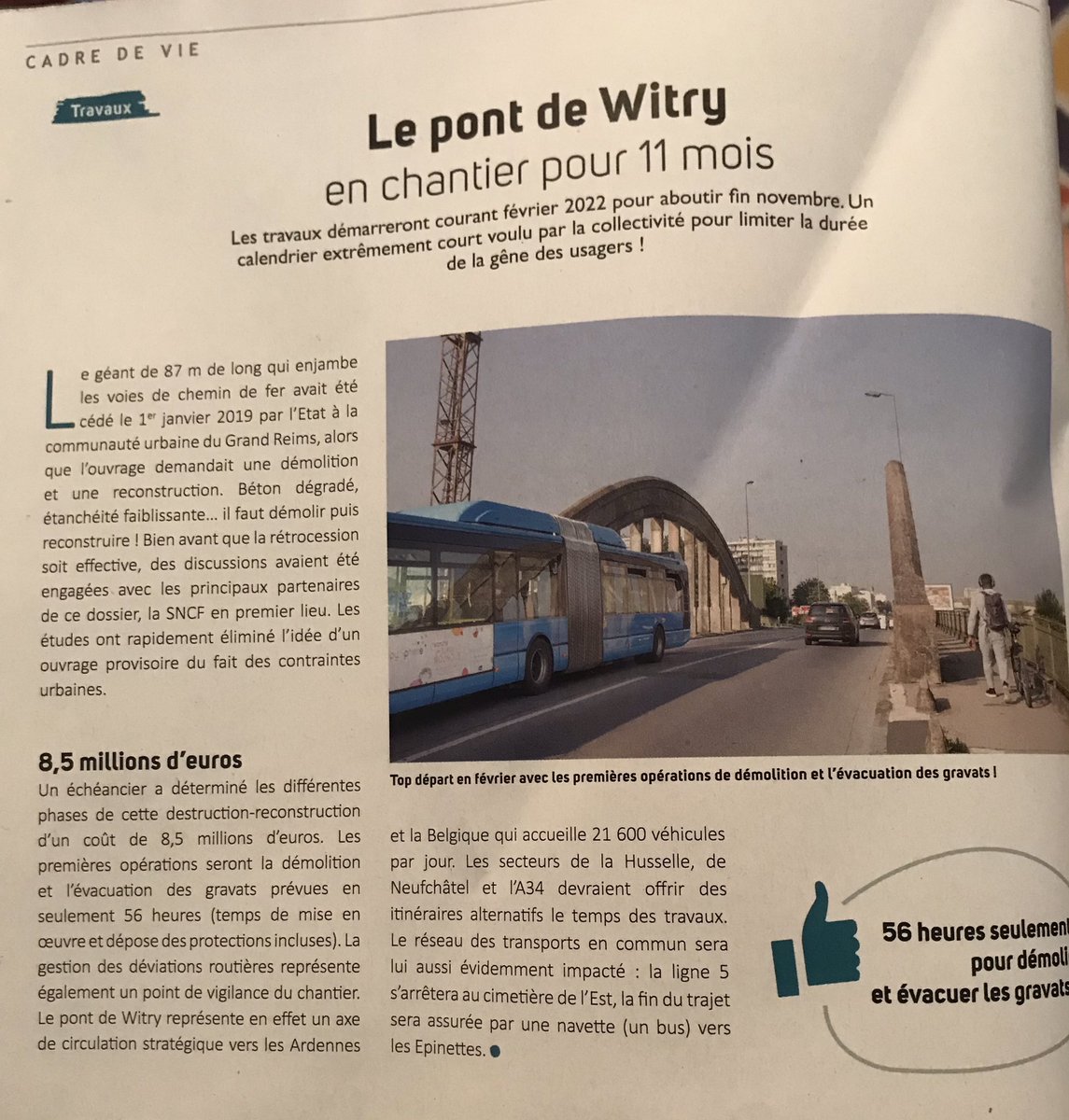 UBetheny's tweet photo. Dans le magazine d’info de Ville de Reims, nous en apprenons plus sur les travaux du #pontdewitry

➡️ 22 000 véhicules par jour à dévier 🚗🚗
➡️ 11 mois de travaux 🚧🍀🍀
➡️ des bus qui feront la navette en passant par #betheny 🚌🚌

Bonjour la galère en #2022 https://t.co/DZOITZdvhk