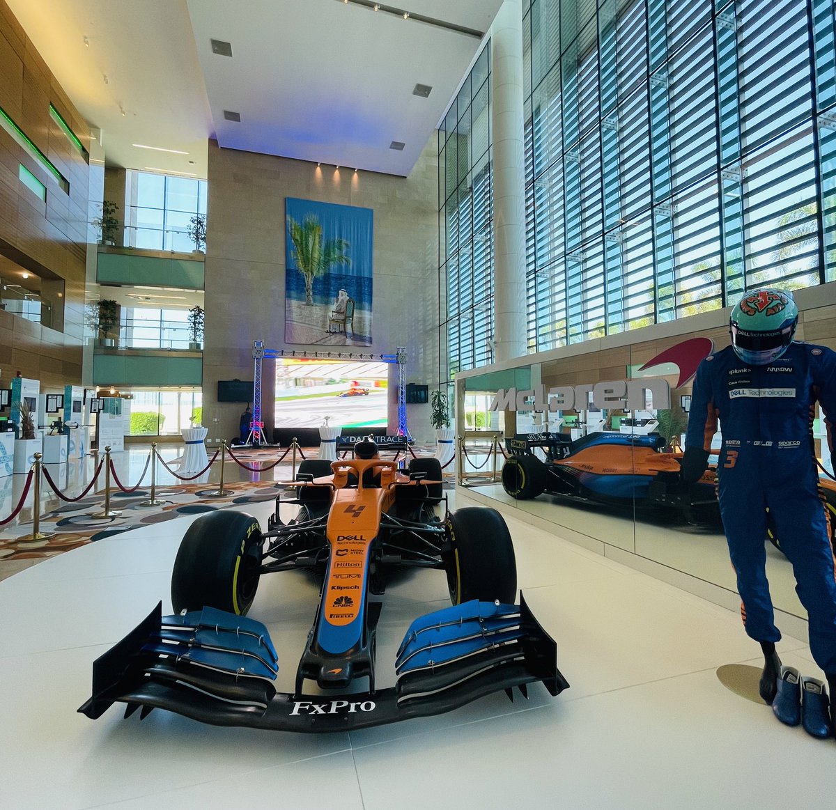 Khayyom's tweet photo. Day 1 of #KROW. This time we have #MCL34 and as always it’s the spotlight of the event #KAUSTResearch
PS: #F1 car is Lando’s, but the suit, helmet and shoes are Ricciardo’s. I bet he did shoey with these pair of shoes https://t.co/RF1Zdf42HM