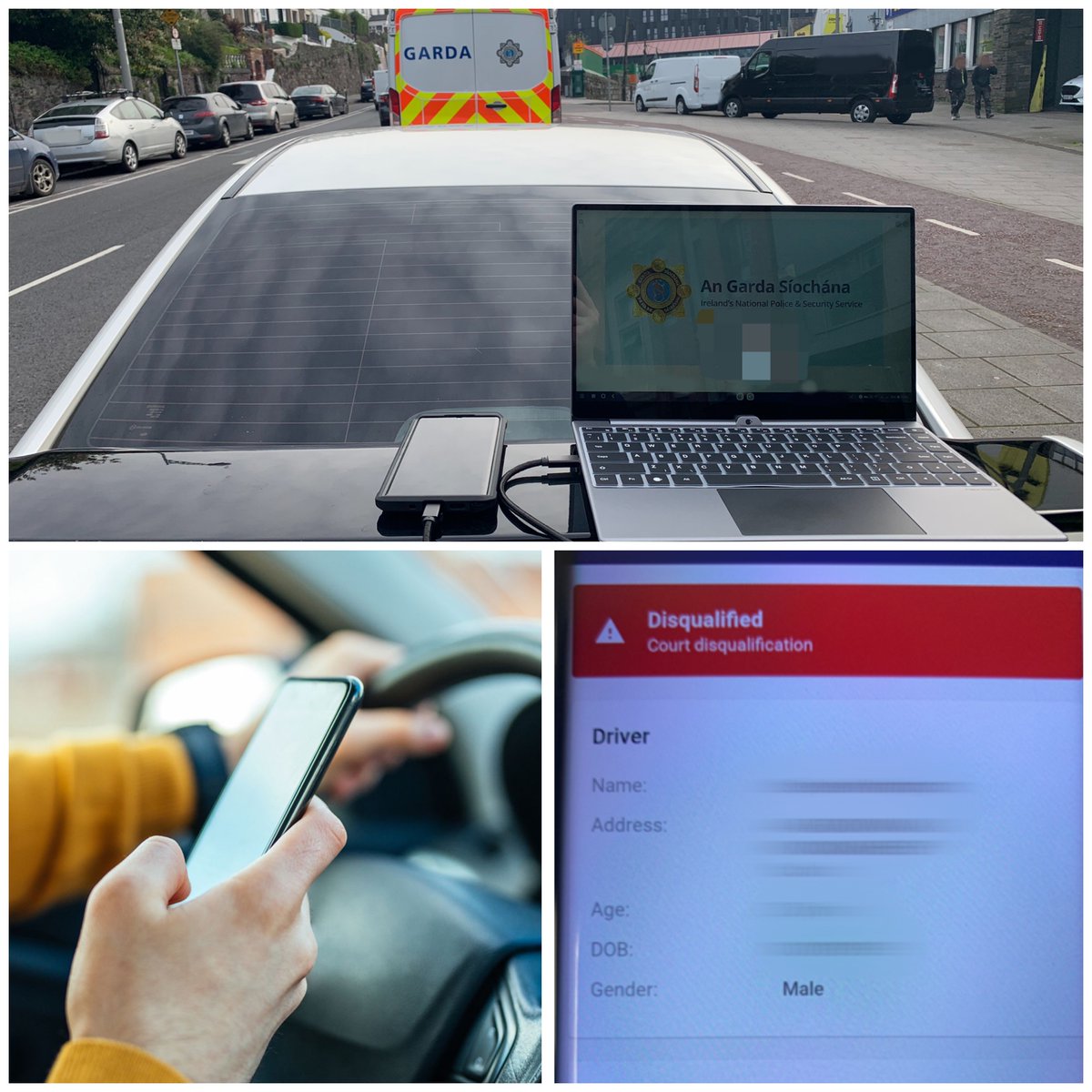 GardaTraffic's tweet photo. Gardaí in Cork conducting a checkpoint recently observed a driver on their phone.  A quick check on the Mobility app showed they were disqualified from driving for 4 years. They were also driving with no insurance. 

Vehicle seized, proceedings commenced https://t.co/LqcHwAqhhp