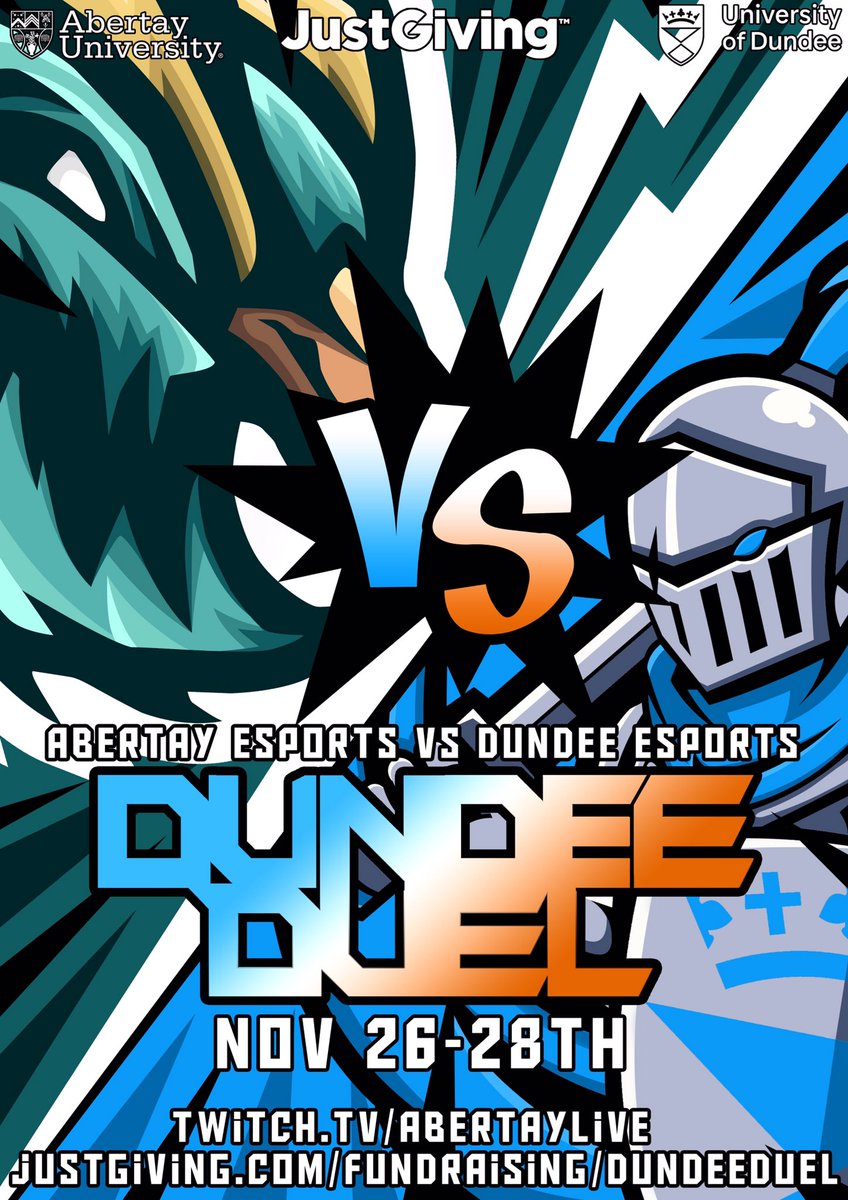Tune into the <a href="/AbertayLive/">AbertayLIVE</a> Twitch channel tonight at 6pm where we’ll be helping <a href="/AbertayES/">Abertay Gaming and Esports Society</a> gain yet another point over <a href="/DundeeEsports/">Dundee University Esports Society</a> (and raise money for charity) in a 3v3 crew battle as part of Dundee Duel!

Stream: twitch.tv/abertaylive
JustGiving: justgiving.com/fundraising/du…