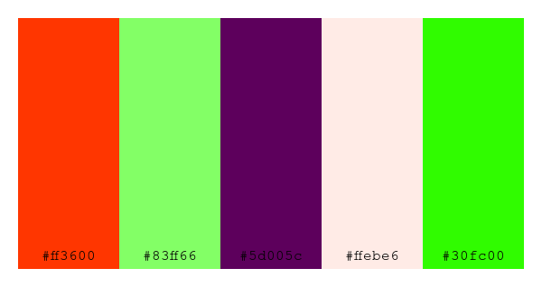ColPaletteBot's tweet photo. Beep beep, here's a pretty color palette for you! 

color-scheme.js parameters used: 
- hue: 166
- variation: hard
- colors: #ff3600, #83ff66, #5d005c, #ffebe6, #30fc00

Have a lovely day!

#twitterbot #colorpalette #colors #palette #prettycolors https://t.co/TfNlPse4Ci