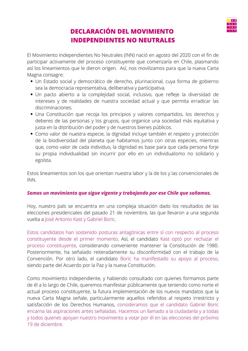 NoNeutrales's tweet photo. En esta declaración les explicamos por qué como movimiento #INN hemos decidido llamar a votar por @gabrielboric en la segunda vuelta presidencial.
👇
https://t.co/NSI9CWlgtu 
 
#NoNeutrales
#Chile https://t.co/h7bmImciIj