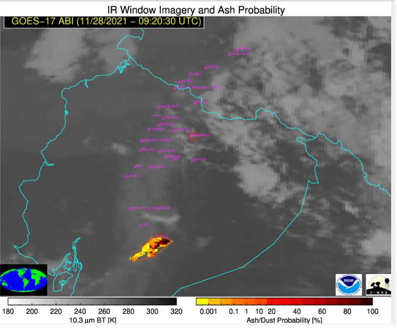 IGecuador's tweet photo. #IGAlInstante Informativo VOLCÁN SANGAY No. 2021-248
DOMINGO 28 DE NOVIEMBRE DE 2021
Desde la(s) 05H35TL, a través de las imágenes satelitales (GOES-16), se puede apreciar una ancha nube de ceniza que alcanza 2 km sobre...
Ver informe: https://t.co/IgoEhceCHj https://t.co/x3spNUifKP