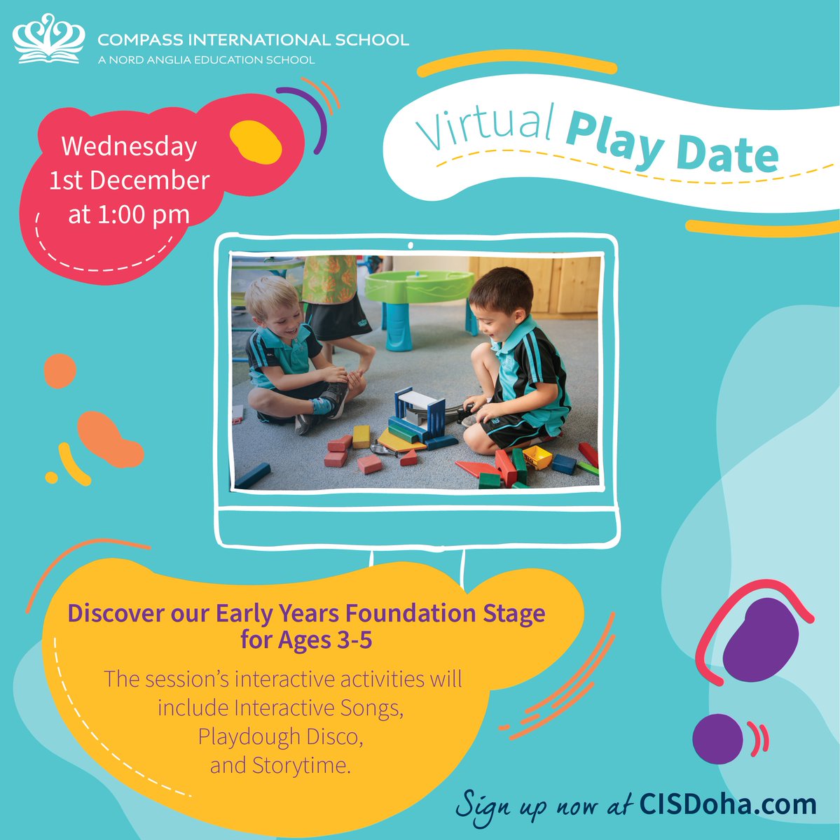 MarhabaQatar's tweet photo. The #VirtualPlayDate at @CompassDoha is a great opportunity for parents and children 3 to 5 years old to get a feel for what the school's #EarlyYears Foundation Stage programme entails. The playdate will be hosted on Zoom. 

For more details, check out https://t.co/965OHXUFCg https://t.co/tUwvLGLgIu