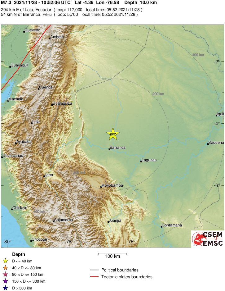 #IGAlInstante Informativo No. 2021-027
DOMINGO 28 DE NOVIEMBRE DE 2021
MagnitudeM 7.3
RegionNORTHERN PERU
Date time2021-11-28 10:52:12.2 UTC
Location4.43 S ; 76.63 W
Depth80 km
Distances290 km E of Loja, Ecua...
Ver informe: bit.ly/3p9ICKK