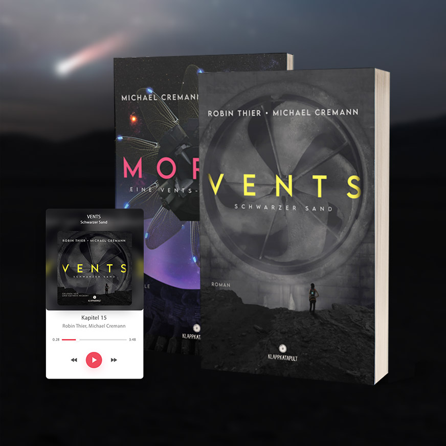 seitenwaelzer's tweet image. Heute ist es endlich soweit! 
Nun könnt ihr über shop.klappkatapult.de ins #Vents-Universum abtauchen! Unseren ersten als Verlag rausgebrachten #Roman könnt ihr lesen oder hören und euch mit der Novelle #Morla noch weiter in die Geschichte einlesen.