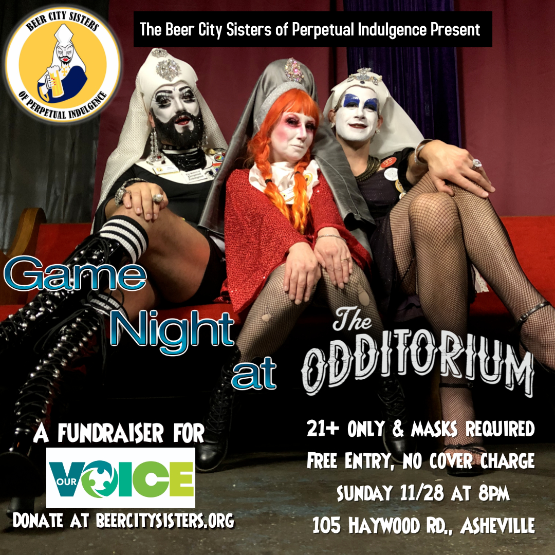 TONIGHT! Sunday, 11/28, The Odditorium, 8pm. Masked. Join us for trivia, games, debauchery, and irreverence! Bring your squad, your friend, yourself (and yer mask), and come out! All are welcome! Free to play. A fundraiser for OurVoice