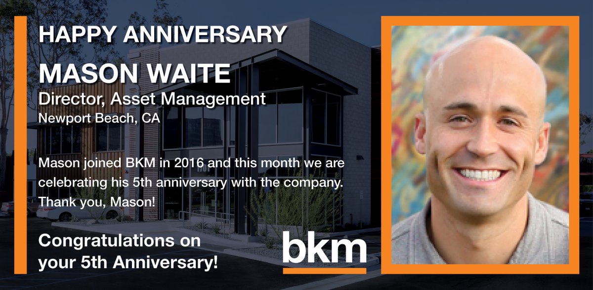 bkm_management's tweet photo. Join us in congratulating Mason Waite on his 5th anniversary with the company. Thank you, Mason!

#BKMCP #BKMMGMT #TeamBKM #CompanyCulture #Milestone #Anniversary https://t.co/1Bk7WfmF72