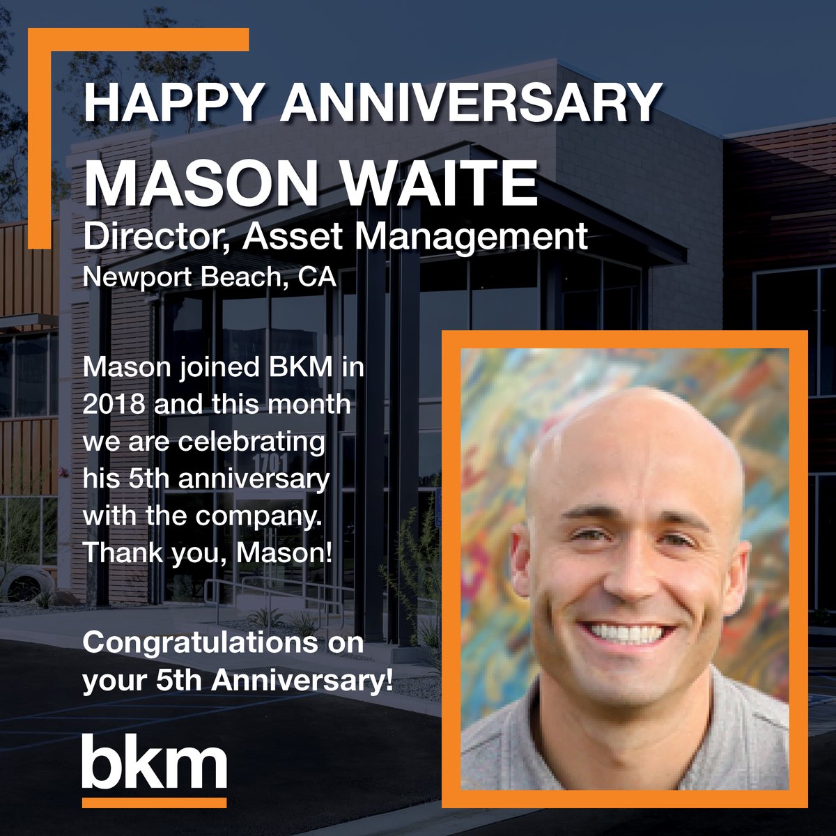bkmcapital's tweet photo. Join us in congratulating Mason Waite on his 5th anniversary with the company. Thank you, Mason!

#BKMCP #BKMMGMT #TeamBKM #CompanyCulture #Milestone #Anniversary https://t.co/cNHwl8raep