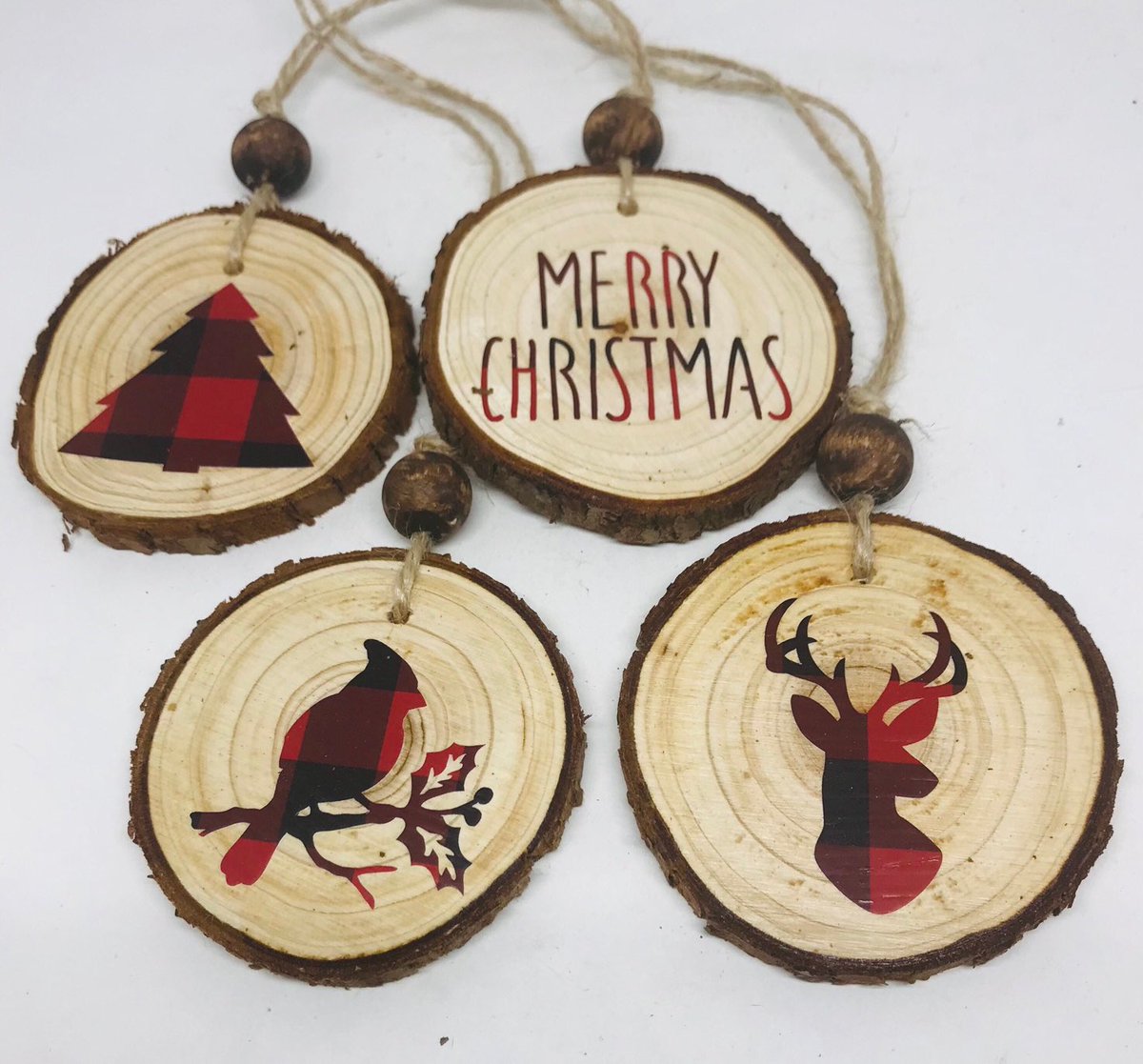 Excited to share this item from my #etsy shop: Farmhouse, #RusticChristmas Ornament Set of 4, Natural Wood Slices and Wooden Beads, Buffalo Check, Red and Black Primitive, Cottage etsy.me/3D59Bfs
