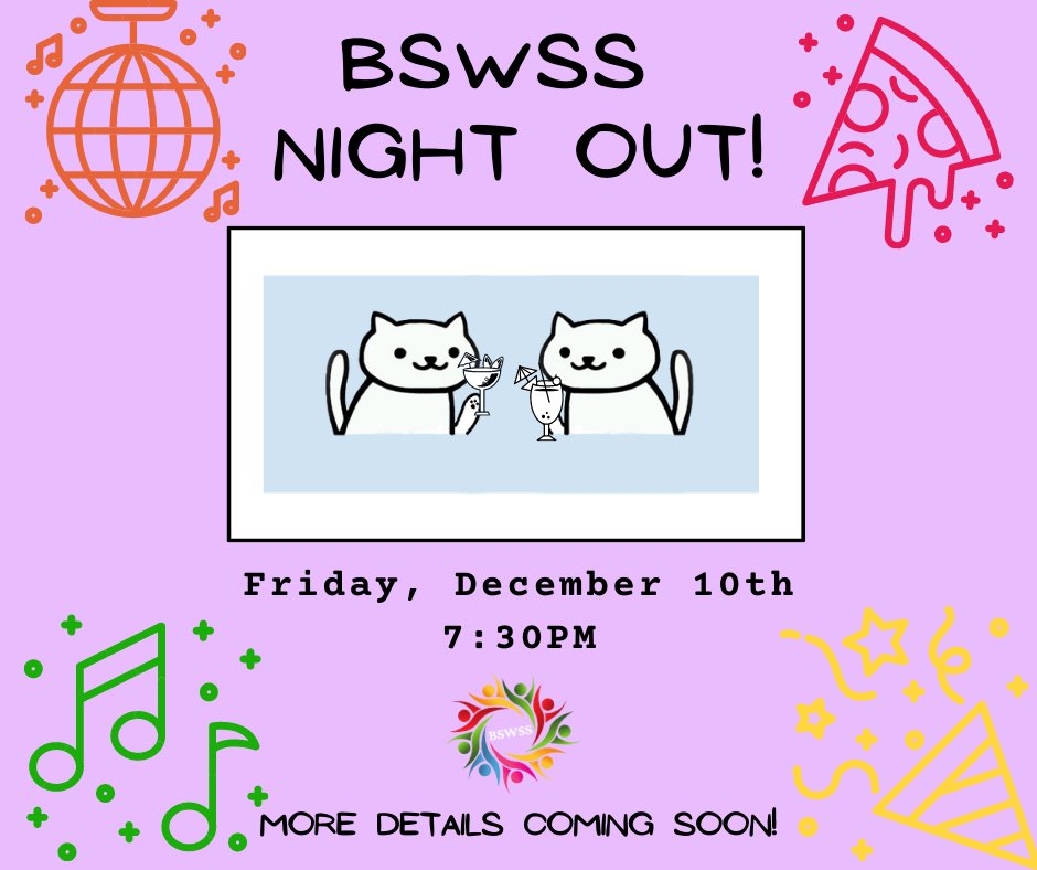 CU_BSWSS's tweet image. Come celebrate the end of semester in a BSWSS Night Out!! 🎉🎉🎉Friday December 10th. More details coming soon 

#carletonuniversity #bsw #socialwork