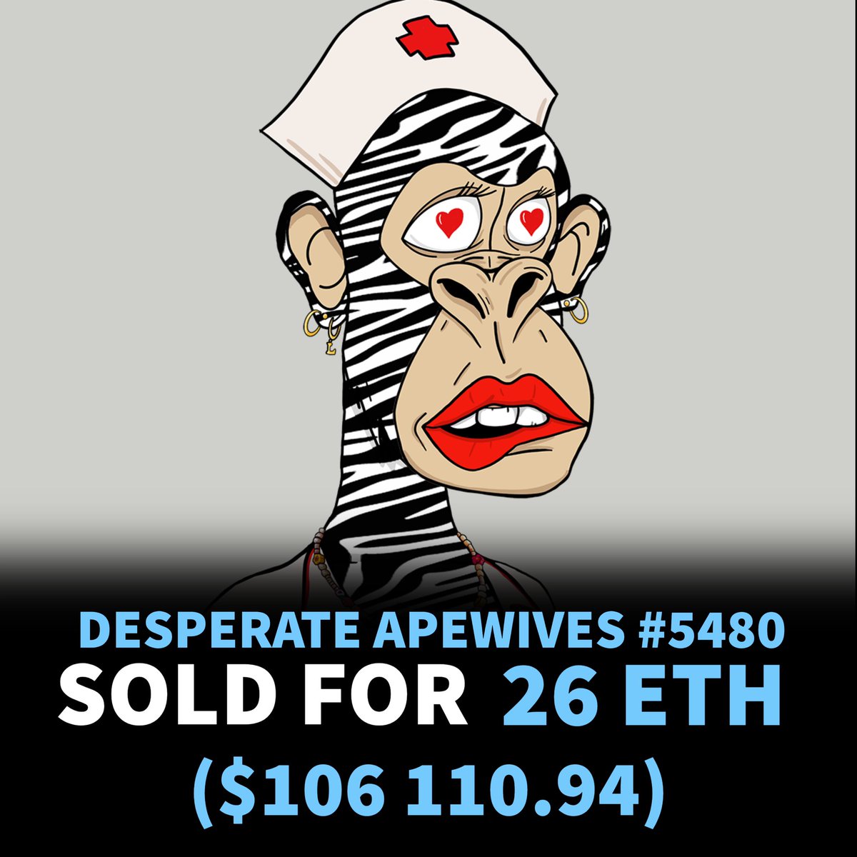Desperate Apewives #5480 sold for 26 Eth or around $106 110.94 in the past 24 hours 
-
#nfts #nft #digitalart #art #cryptoart #artist #raredigitalart #ethereum #artoftheday #cryptoartist #blockchain #nftcollector #desperateapewives