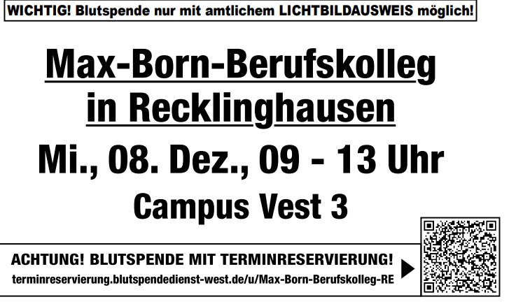 mbberufskolleg's tweet photo. Am 8.12.2021 kann am Max-Born-Berufskolleg Blut gespendet werden. Wir hoffen auf viel Zulauf. https://t.co/3PaFRiL9hb