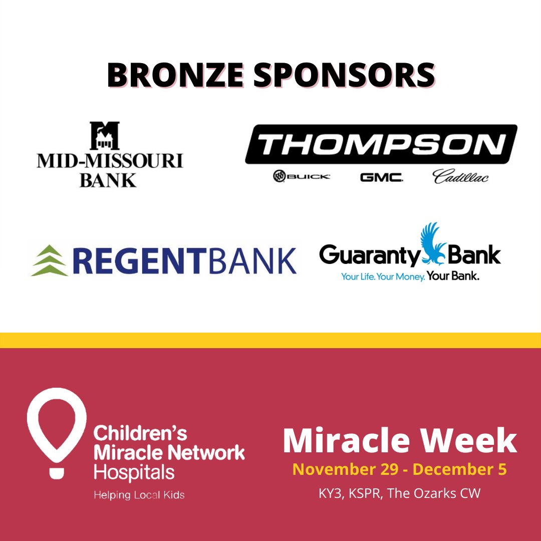 coxhealthcmn's tweet photo. Miracle Week Bronze Sponsors are helping kids here in the Ozarks!
Mid-Missouri Bank
@Thompson_Sales
@regentbank
Guaranty Bank
#miracleweek #makingmiracleshappen #helpinglocalkids #ozarks #bronzesponsors https://t.co/GIhxQP0hgX