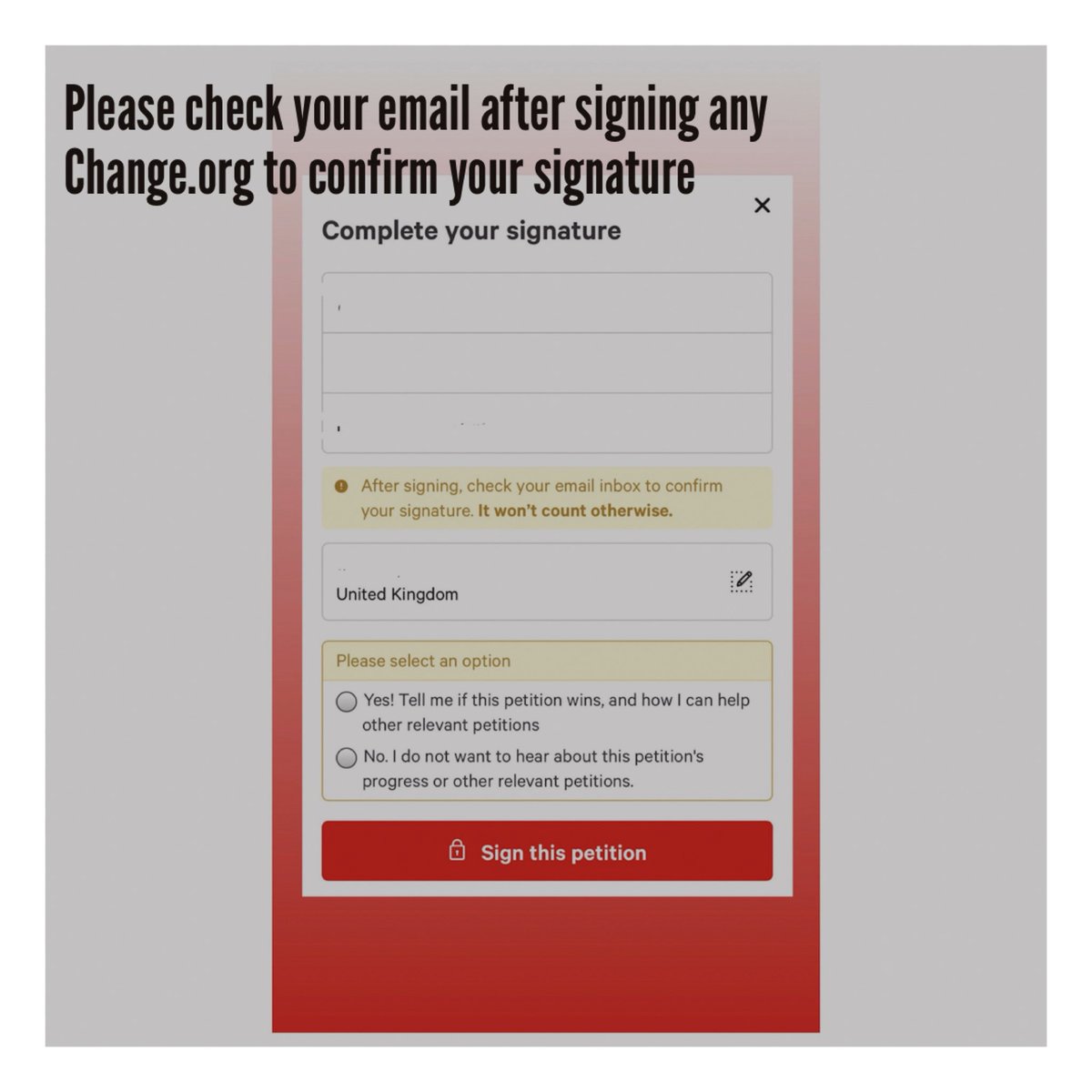 tash__tash's tweet photo. Please ensure when you sign any @UKChange petition you are checking your email as your signature WILL NOT COUNT
#petitions #pleasecheck https://t.co/9N7lTER7Zi