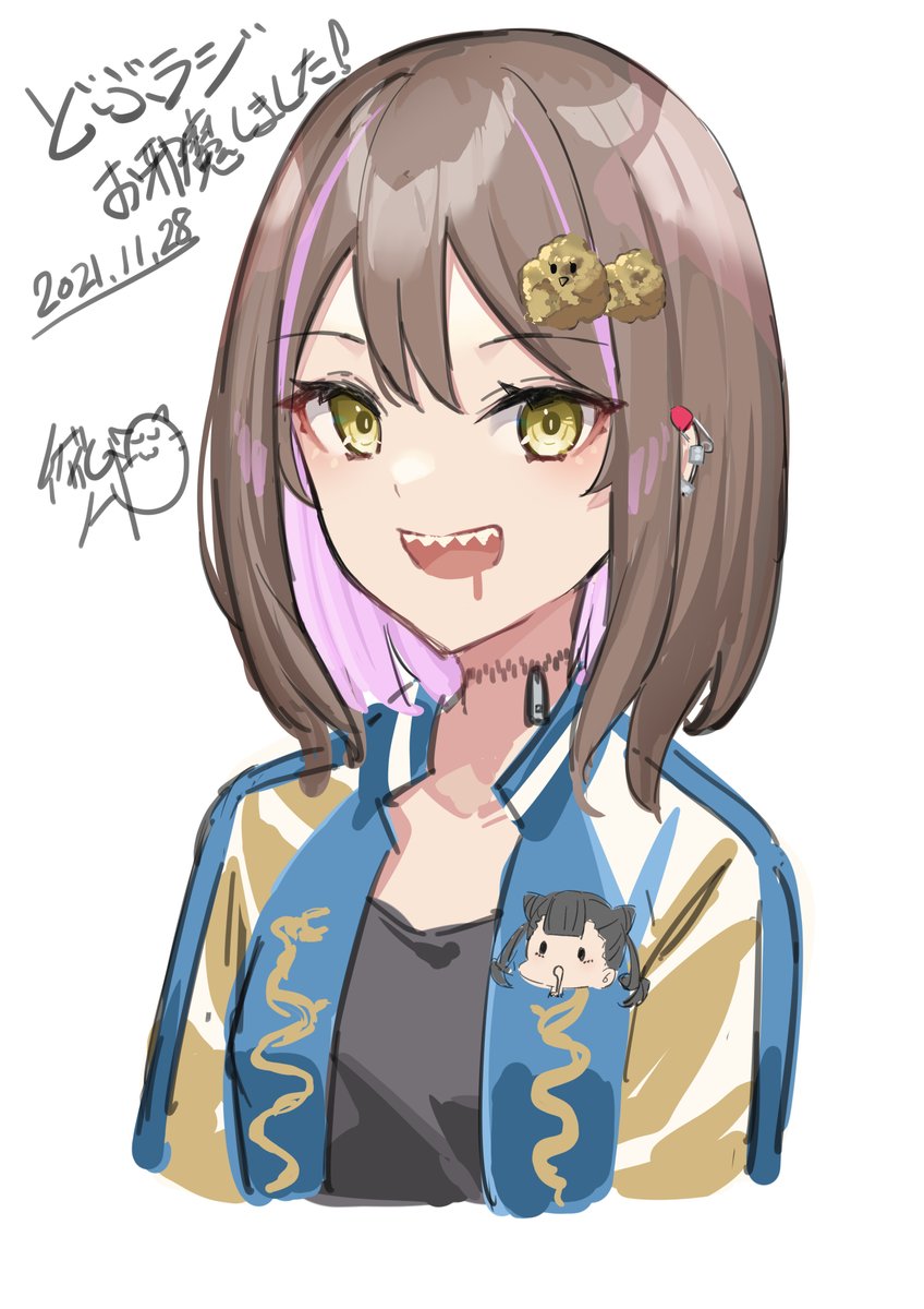 jacket 1girl black shirt teeth shirt brown hair solo  illustration images