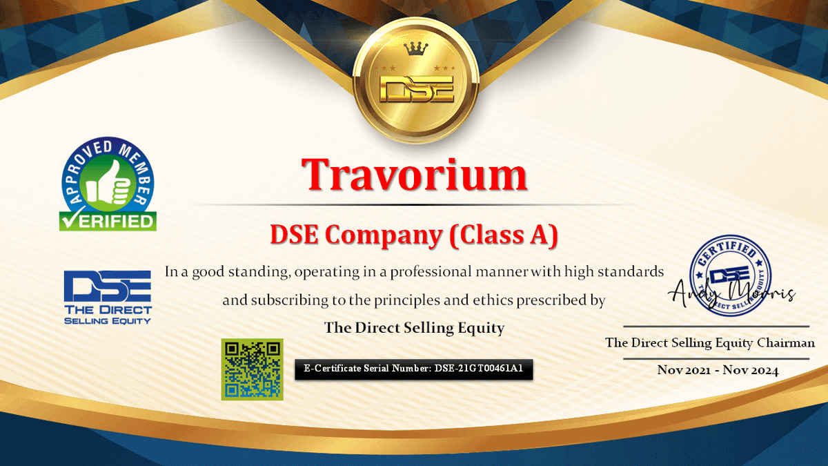 DSellingequity's tweet photo. Travorium is Listed now on the DirectSellingEquity Directory at https://t.co/LaUCQPL6GP
Certificate valid for 3 Years 👍
Congratulations
@travorium
.
.
.
#travorium #Networkers #Affiliates #Distributors #Entrepreneurs #DSE #DirectSellingEquity https://t.co/DGnUwJR7gP