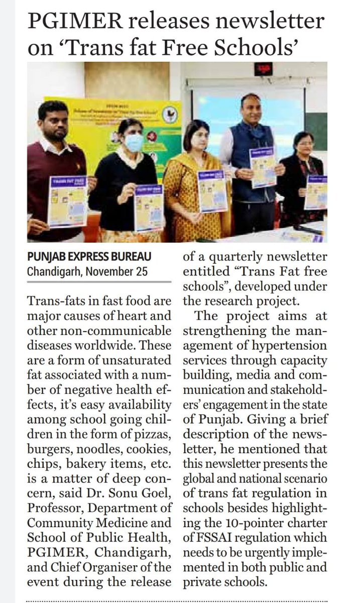 rccvh_org's tweet photo. The release of newsletter "Trans fat free schools" received extensive coverage in digital, TV and print media. @WHO @ICMRDELHI @ProfSonuGoel @Dr__Kritika @NidhiJaswal1 @fssaiindia @DDChandigarh @ChandigarhAdmin @MoHFW_INDIA @PMOIndia @CMOPb https://t.co/HunTzUBLVp