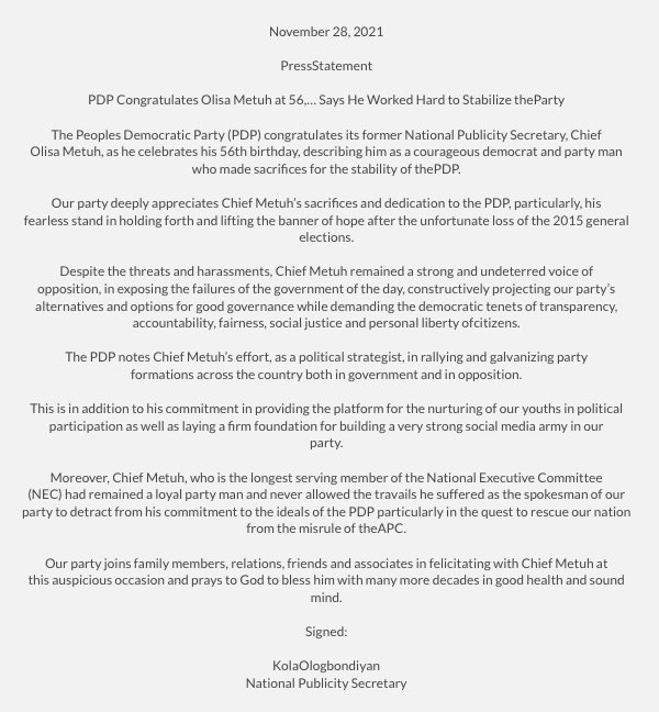 PDP Congratulates Olisa Metuh at 56,
… Says He Worked Hard to Stabilize the Party

The <a href="/OfficialPDPNig/">Official PDP Nigeria</a> congratulates its former National Publicity Secretary, Chief Olisa Metuh, as he celebrates his 56th birthday, describing him as a courageous democrat and party man…