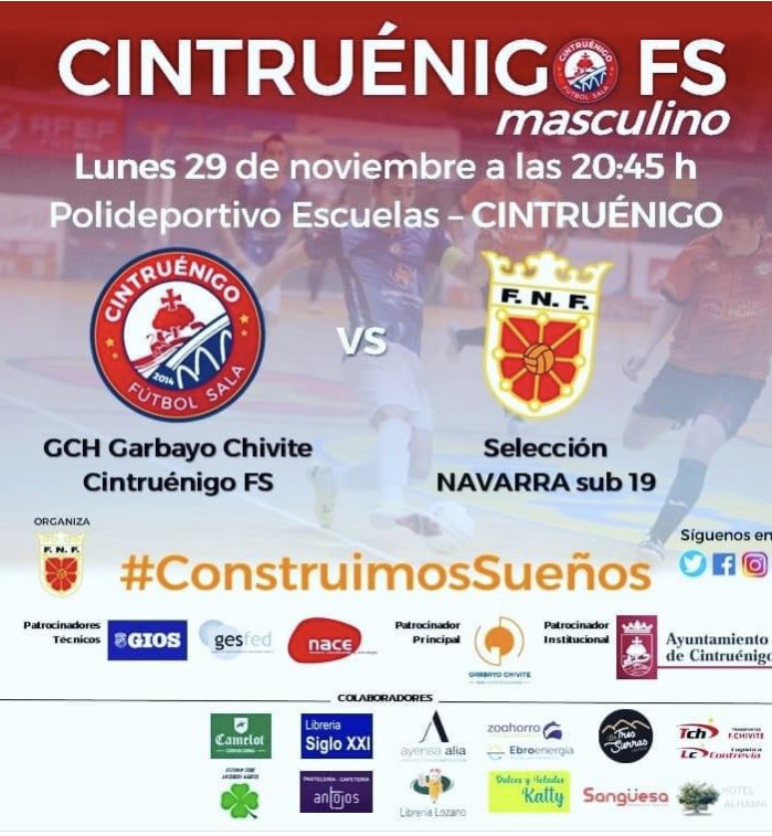 Cintruenigofs's tweet photo. 📡🎙 Partido amistoso lunes 29 en la #bombonera del #Otero
📝Partido preparación para la selección navarra sub19
⚽️ Disfruta de lo #bueno disfruta del #futbolsala disfruta del #deportedemoda en #Cintruenigo
#Cintruenigoesdeporte #Cintruenigoesfutbolsala #construimosSueños #GCH https://t.co/KEo0CPaITm