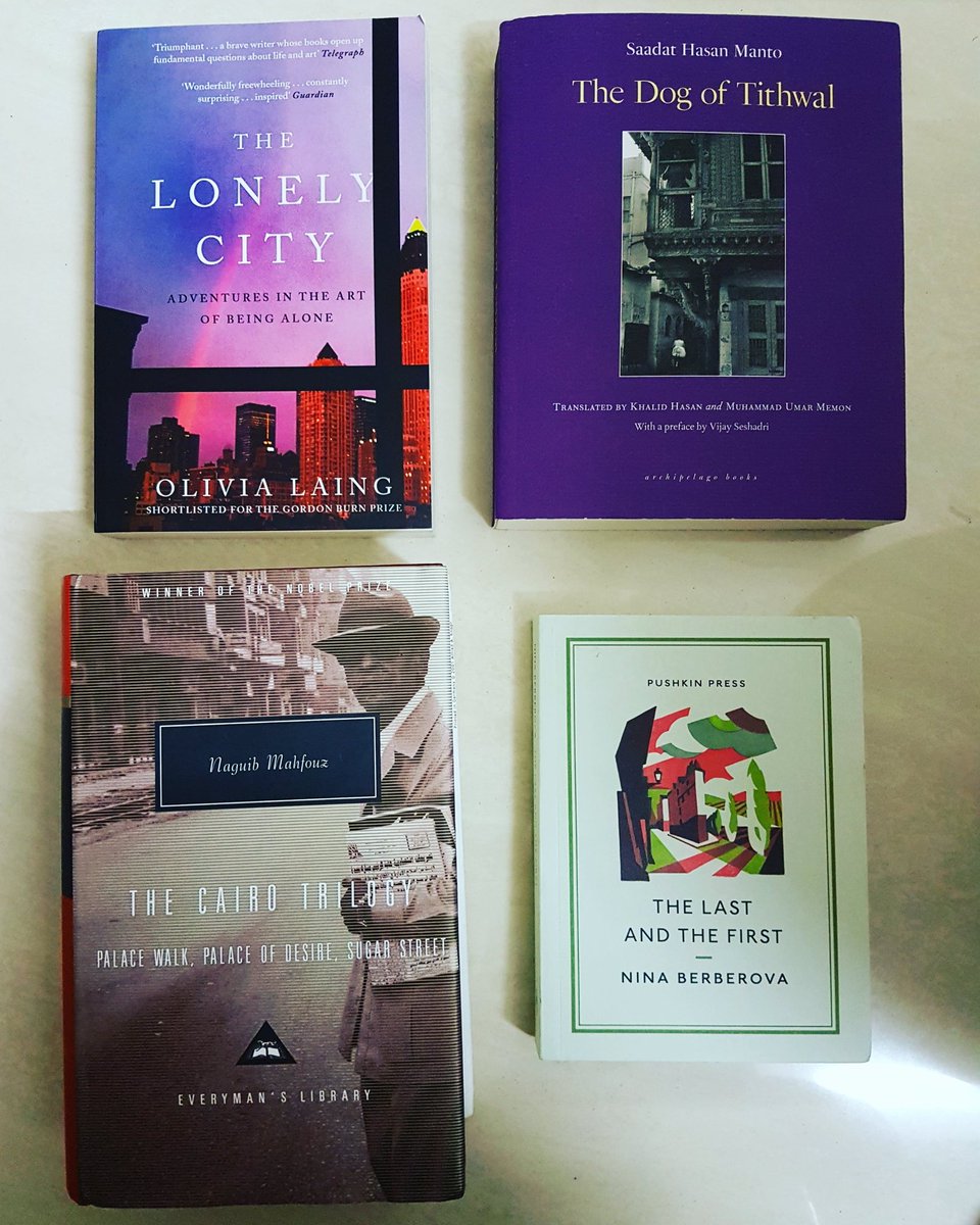 New books in various sizes. 

@canongatebooks @archipelagobks @EverymansLib @PushkinPress #OliviaLaing #SaadatHasanManto #NaguibMahfouz #NinaBerberova