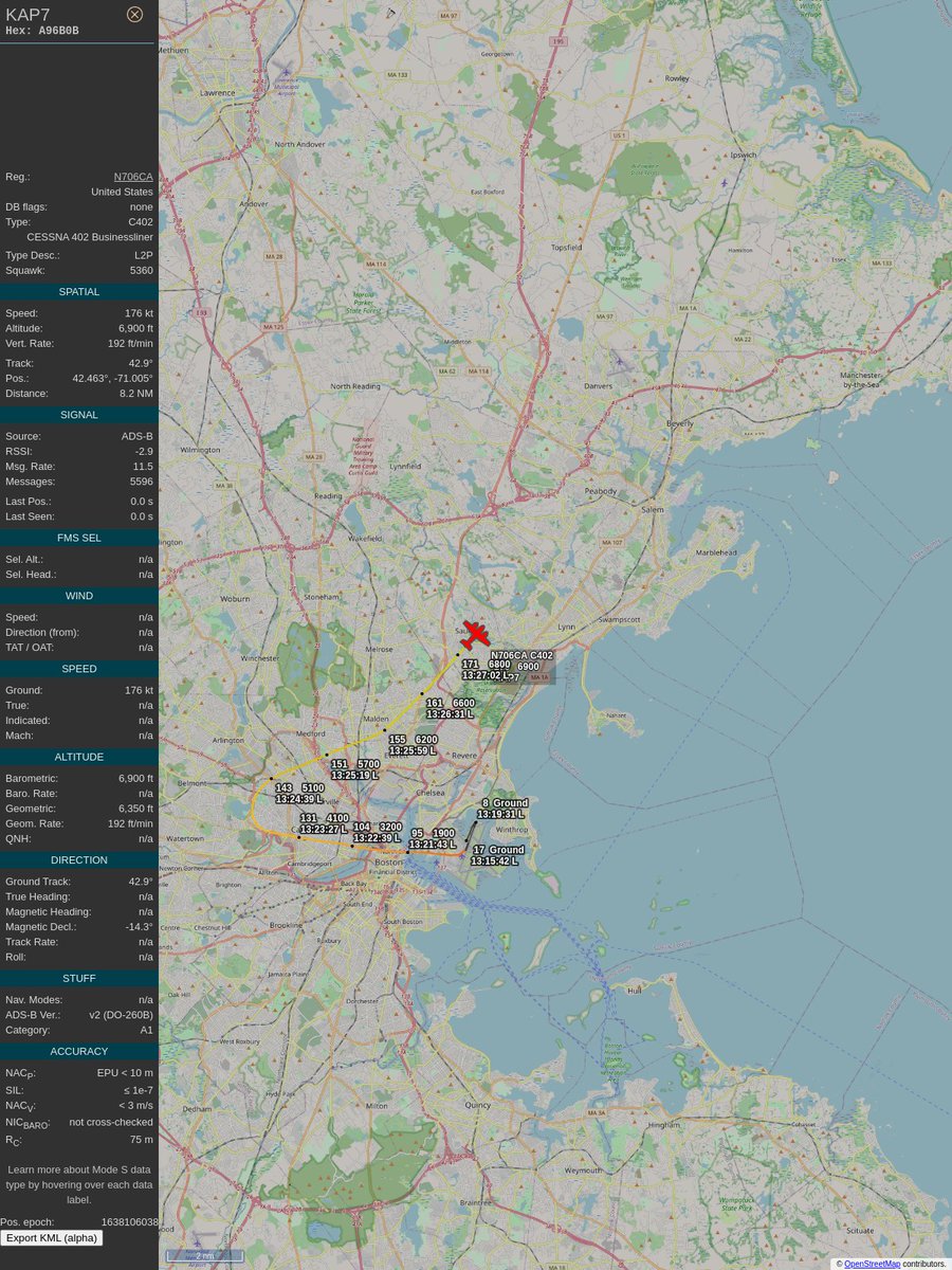 PlaneBoston's tweet image. ICAO: #A96B0B
Flt: #KAP7 #CapeAir
First seen: 2021/11/28 08:24:01
Min Alt: 4500 ft MSL
Min Dist: 1.4 nm
Peak Audio: -51 dBFS
Loudness: 6 dB

#planefence #adsb - planefence.com
globe.adsbexchange.com/?icao=a96b0b