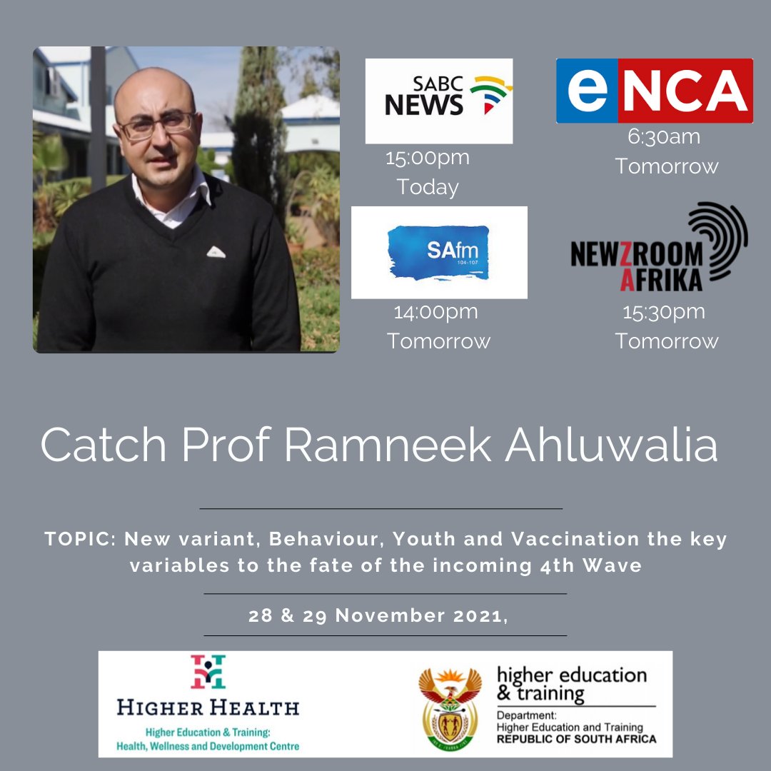 HigherHealthSA's tweet image. #InterviewAlert
Catch Prof @RamneekHH  Ahluwalia&apos;s interviews:
@SABCNews at 15:00 pm today
@eNCA  news at 6:30am tomorrow
@SAFM at  14:00pm tomorrow
@Newzroom405  Afrika at 15:30pm tomorrow
@PresidencyZA 
@HigherEduGovZA 
@HealthZA 
@EUinSA
