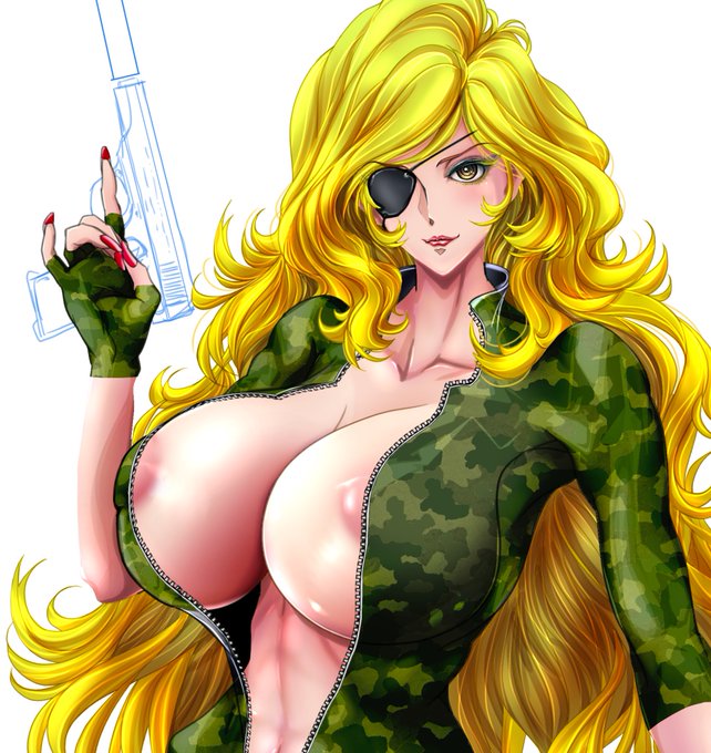 今夜のskeb絵進捗チラ見せ〜
引き続き「某セクシー美女キャラ」の衣装差分描いてます。今日は迷彩戦闘服&amp;金髪でなんちゃってカリ城風ver。ちょっと遊びでアイパッチ付けてみたりw
クラリス「・・不二子さん ? 」
不二子「スネークって呼びなさい」
クラリス「ちょっと何言ってるか意味分かりません💦」 