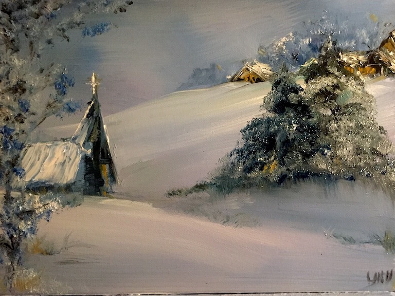 In celebration of the first day of Advent, Silent Night, oil on canvas. Available at laurahillart.blogspot.com/2020/11/silent… #advent #church #snow #winterart #winter #Catholic