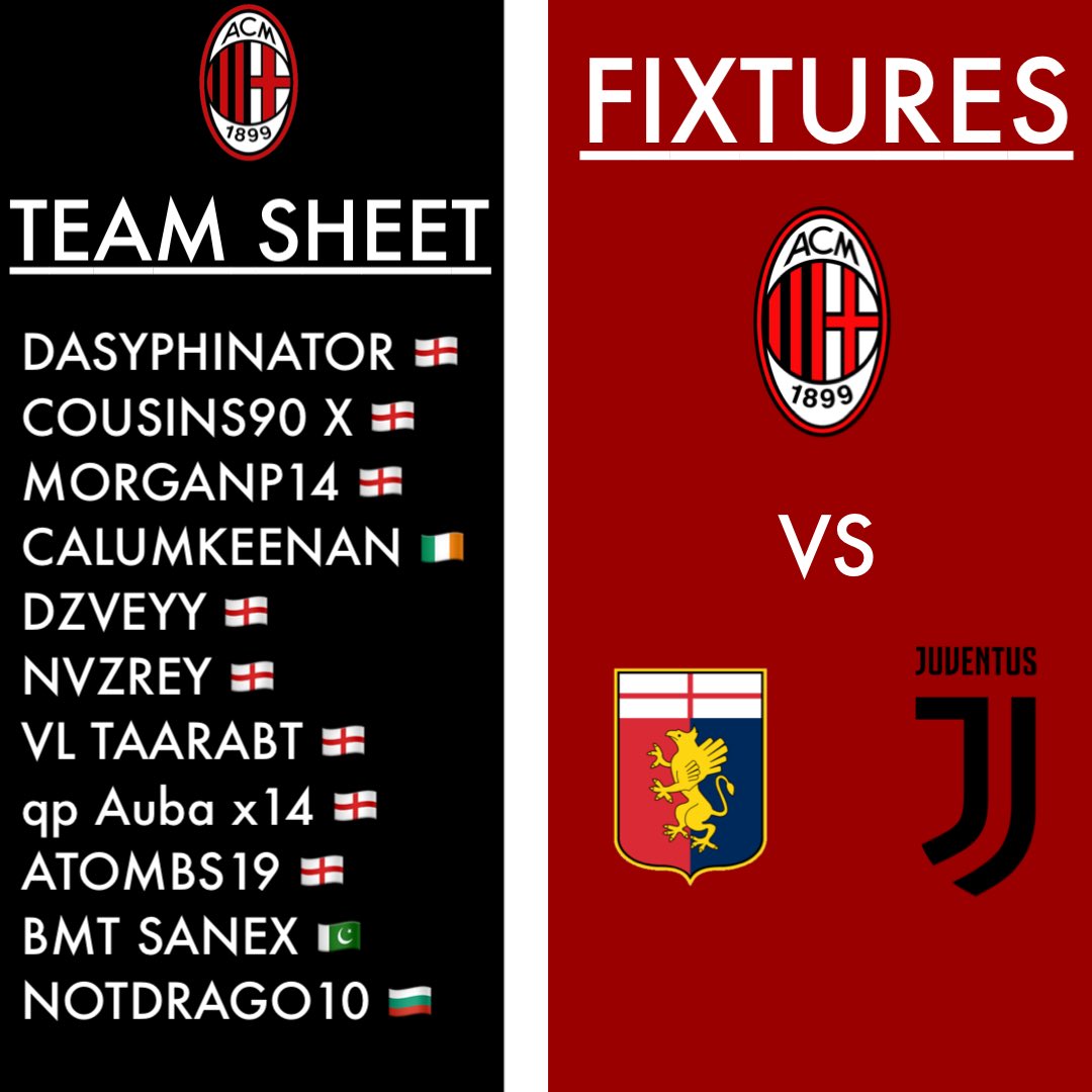 Few changes yesterday, genoa game will most likely come back to bite us in the arse later on.

Matchday 4⚽️

🕐8:00PM
🆚 Genoa
🏆Serie A 
❌3-1
⚽️@DragoFIFA 
🎯atombs19
🌟@DragoFIFA 

🕐8:45PM
🆚Juventus 
🏆Serie A 
✅3-0
⚽️@DragoFIFA x3
🎯@CFCMyzt 
🎯<a href="/LFCAkhz/">Akhz</a>