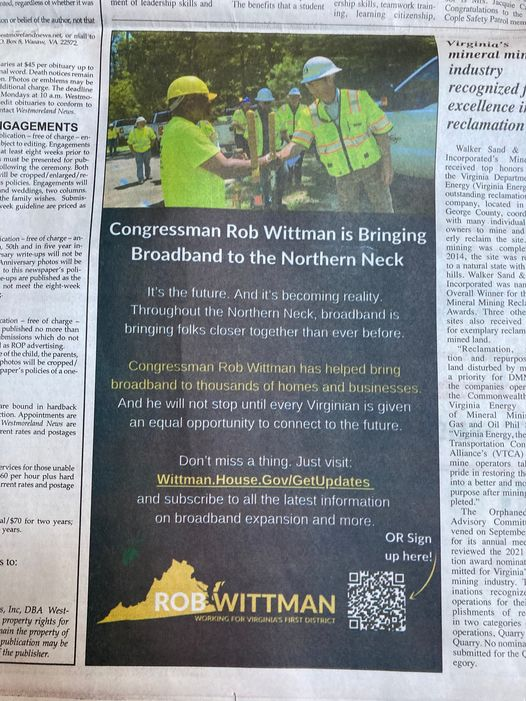QasimRashid's tweet photo. Republican Rep @RobWittman voted AGAINST the Infrastructure bill—which brings $100M to Virginia for Broadband. This week Wittman took out this paid ad bragging, "Wittman is Bringing Broadband to Virginia!"

Revolting hypocrisy.

Sign up to help fight back: https://t.co/cMS2Fid6tl https://t.co/oyAN0kqPlu