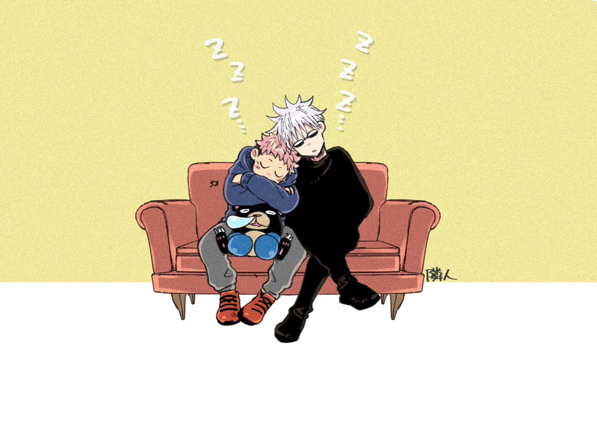 gojou satoru ,itadori yuuji sleeping 2boys multiple boys pants pink hair white hair male focus  illustration images