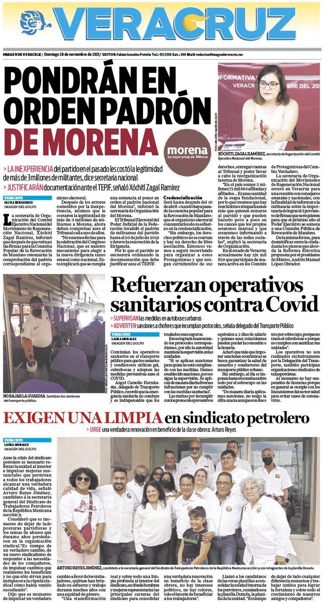 ImagendeVer's tweet photo. #Veracruz 

* PONDRÁN EN ORDEN PADRÓN DE MORENA
* Refuerzan operativos sanitarios contra Covid
* EXIGEN UNA LIMPIA en sindicato petrolero https://t.co/kqmcNieFnE