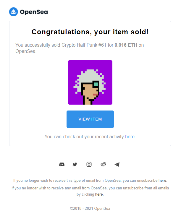 Crypto Half Punk #61 Sold for :
0.016 ETH
<a href="/opensea/">OpenSea</a> - Crypto Half Punk #61 Link : bit.ly/3lfMVmH