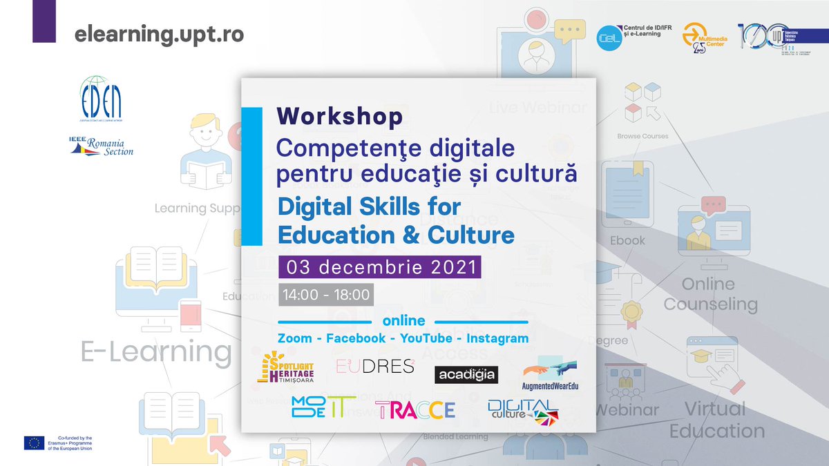 Excited to announce over 20 international speakers for the 6th edition of Digital Skills for Education &amp; Culture Workshop 
Join us online on FRI | 3 DEC | 14:00 EET
Register: bit.ly/3FNz0Mu
More info: bit.ly/3rcYKOc

#workshop #digitalskills #culture #education