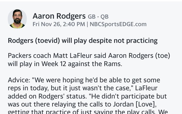 Dawgsfaninin's tweet photo. . @YahooFantasy really said Aaron Rodgers got toevid ๐ ๐ #toevid https://t.co/Wab3V0cIxj