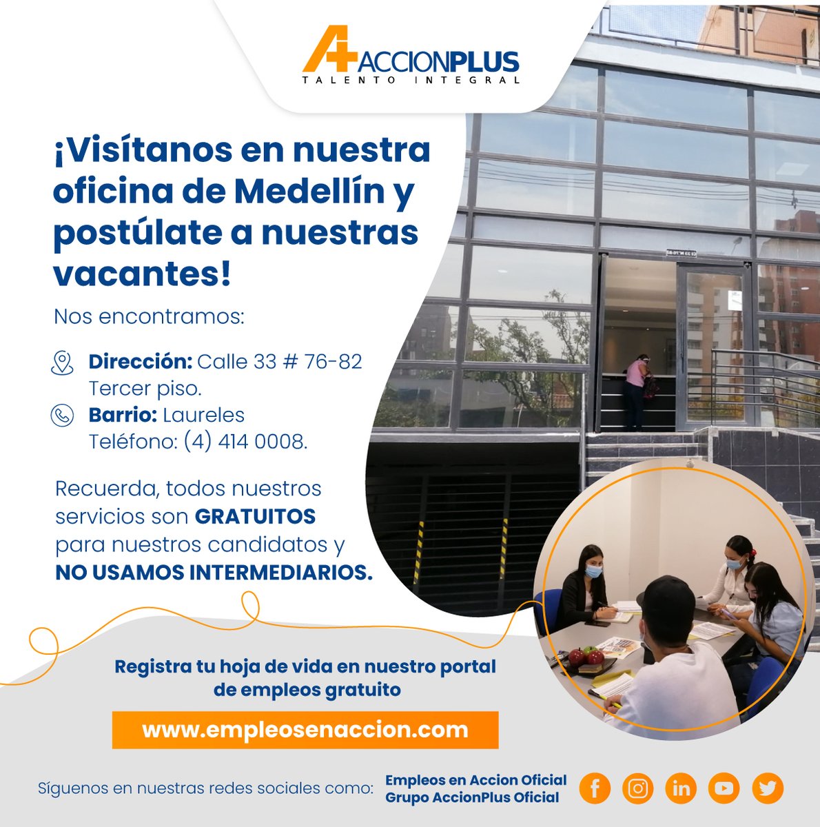 G_AccionPlus's tweet photo. #TrabajoSíHay #Medellín
¡Acércate a nuestra sede!🙂Lleva tu CV actualizada y documento de identidad.
✋No olvides, asistir con todo los protocolos de bioseguridad (Uso del tapabocas, gel antibacterial y distancia mínima de 1 metro).
¡Es tu momento de aplicar! #feliziniciodesemana https://t.co/9vMmCEZEvM