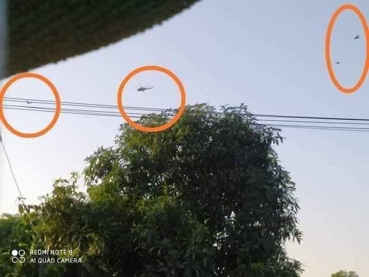 Hnineilwin2397's tweet photo. Junta launched offensive airstrikes on Depayin Tsp on Nov27 using Mi 35&amp; fired artillery shells continuously while flying over residential areas &amp; 4 military jets came to reinforce. Locals are fleeing in fear &amp; at least 5 villagers were killed. @UN implement #NoFlyZoneInMyanmar https://t.co/I8xp08iuQb