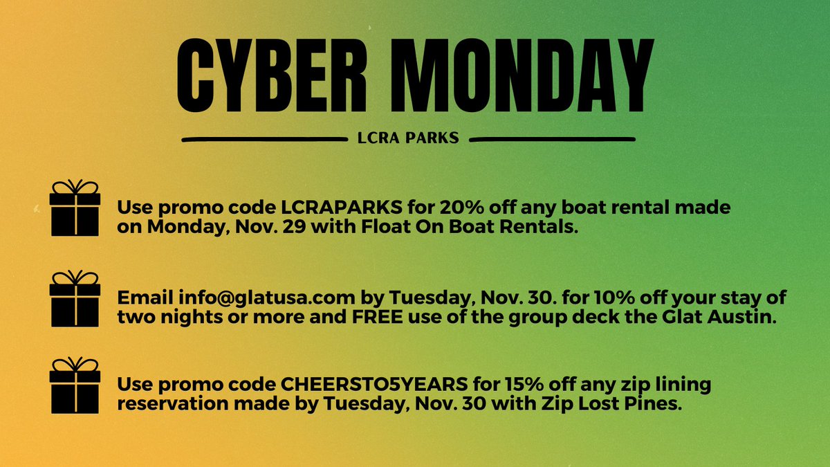LCRAParks's tweet photo. Whatever your holiday adventure may look like, we want you to make it count, so we've put together some #CyberMonday promo codes for unique outdoor experiences only found at #LCRAParks. https://t.co/FyU9IPKQkN