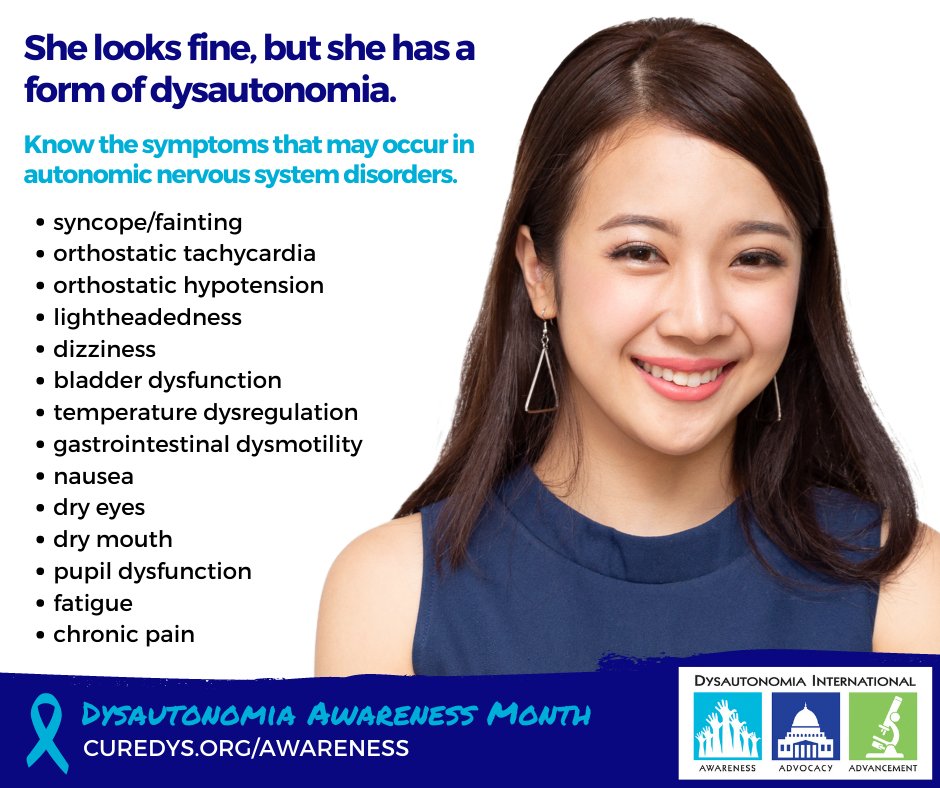 Dysautonomia's tweet image. People with autonomic nervous system disorders often “look fine,” but they may have debilitating symptoms you can’t see. Help us advocate for people with autonomic disorders by supporting research, education, and advocacy programs at dysautonomiainternational.org/donate.