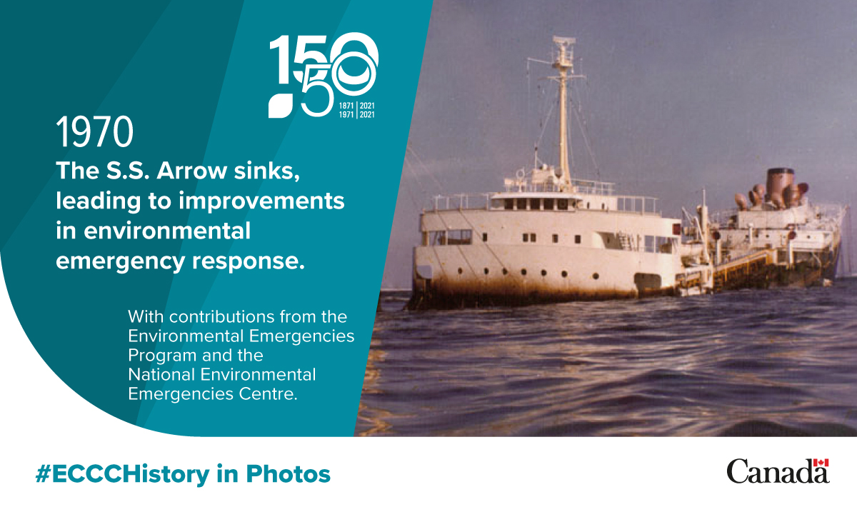 environmentca's tweet photo. #ECCCHistory in Photos: The sinking of the S.S. Arrow in 1970 led to major improvements to environmental emergency response.
Learn more about this important milestone: https://t.co/lfIrrLAxfN
#ECCC50 https://t.co/353PsM30Dj