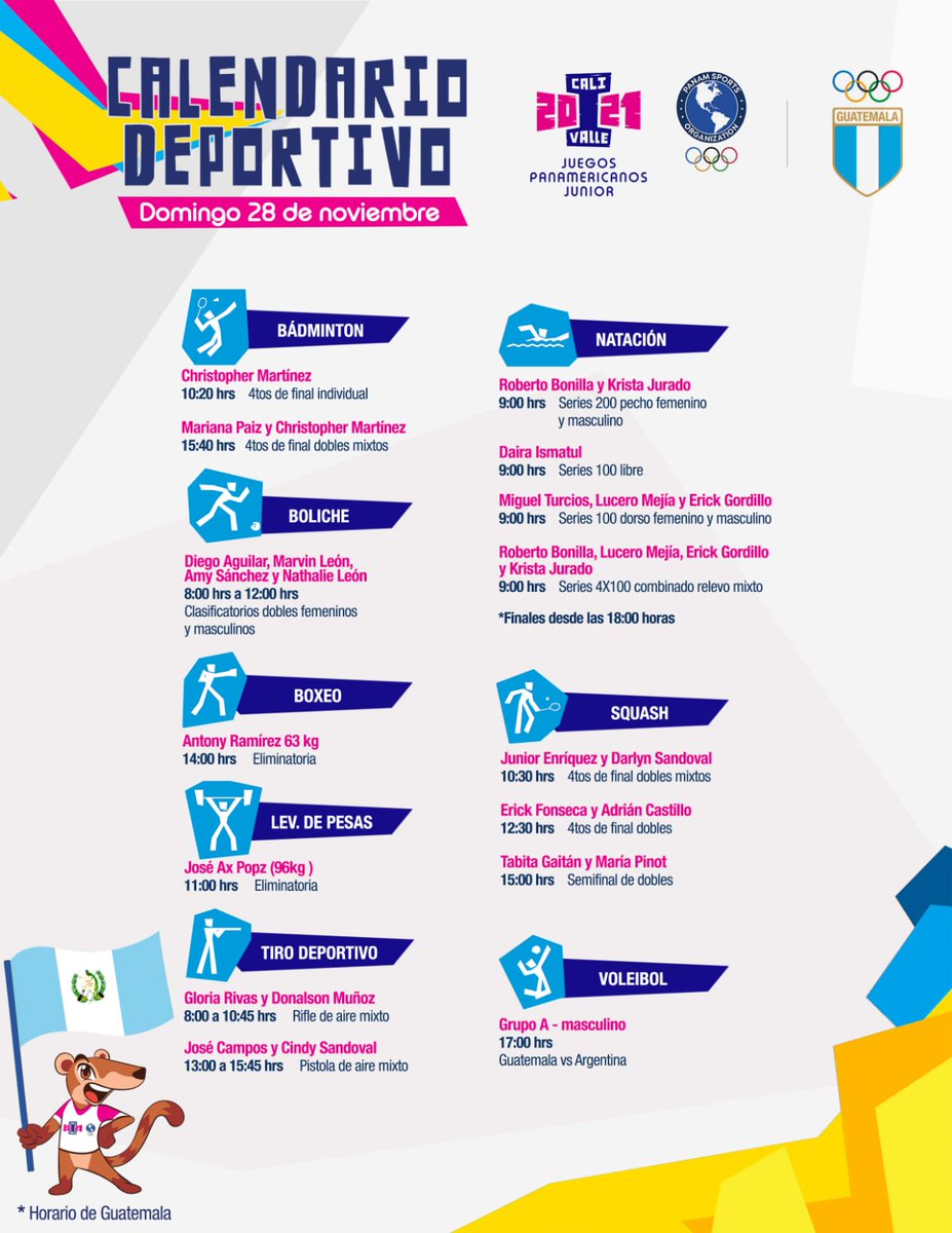 #JuegosPanamericanosJunior2021 
Estas son las disciplinas deportivas y los atletas guatemaltecos que compiten hoy domingo.