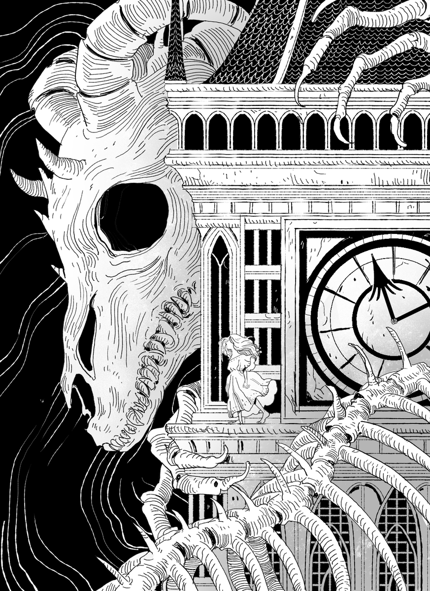 Arrow piercing his eyes and swords tearing at his scales, the dragon guarded the tower with his dying breath. 
Even now his remains protect the tower and the clock still ticks on. 