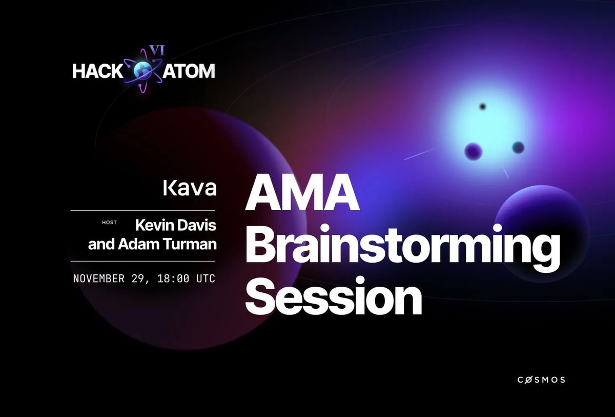 cosmos's tweet image. ⚛️ #HackAtomVI 💡
Brainstorming Session
⏰ Nov 29 • 6pm UTC

Are you hacking on the @kava_platform challenge?
If yes, we&apos;ve got you covered!

Ask @KevinJYDavis &amp;amp; Adam Turman about Kava&apos;s challenge &amp;amp; brainstorm together about winning solutions!

Join 📹 hackatom.airmeet.com/e/8d99ec40-424…