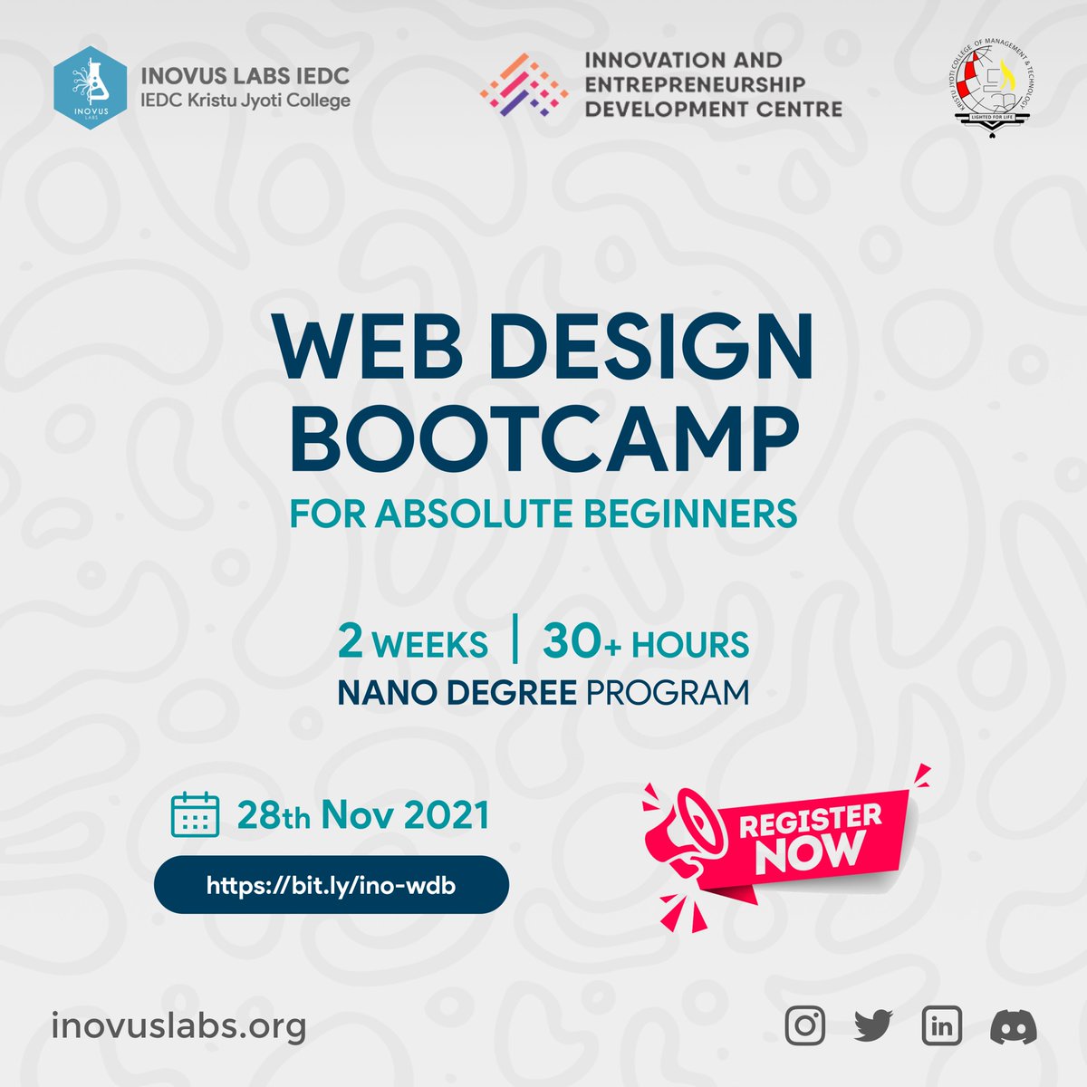 InovusLabs's tweet image. We the @InovusLabs is planning to host a 2-week "Web Design Bootcamp for Absolute Beginners" as a part of our Nano Degree Program.
Date: 28th Nov 2021
Time: Evenings (Duration 1 hr)
#webdesignbootcamp #webdesign #bootcamp #learnwebdesign #iedc #ksum #startupmission