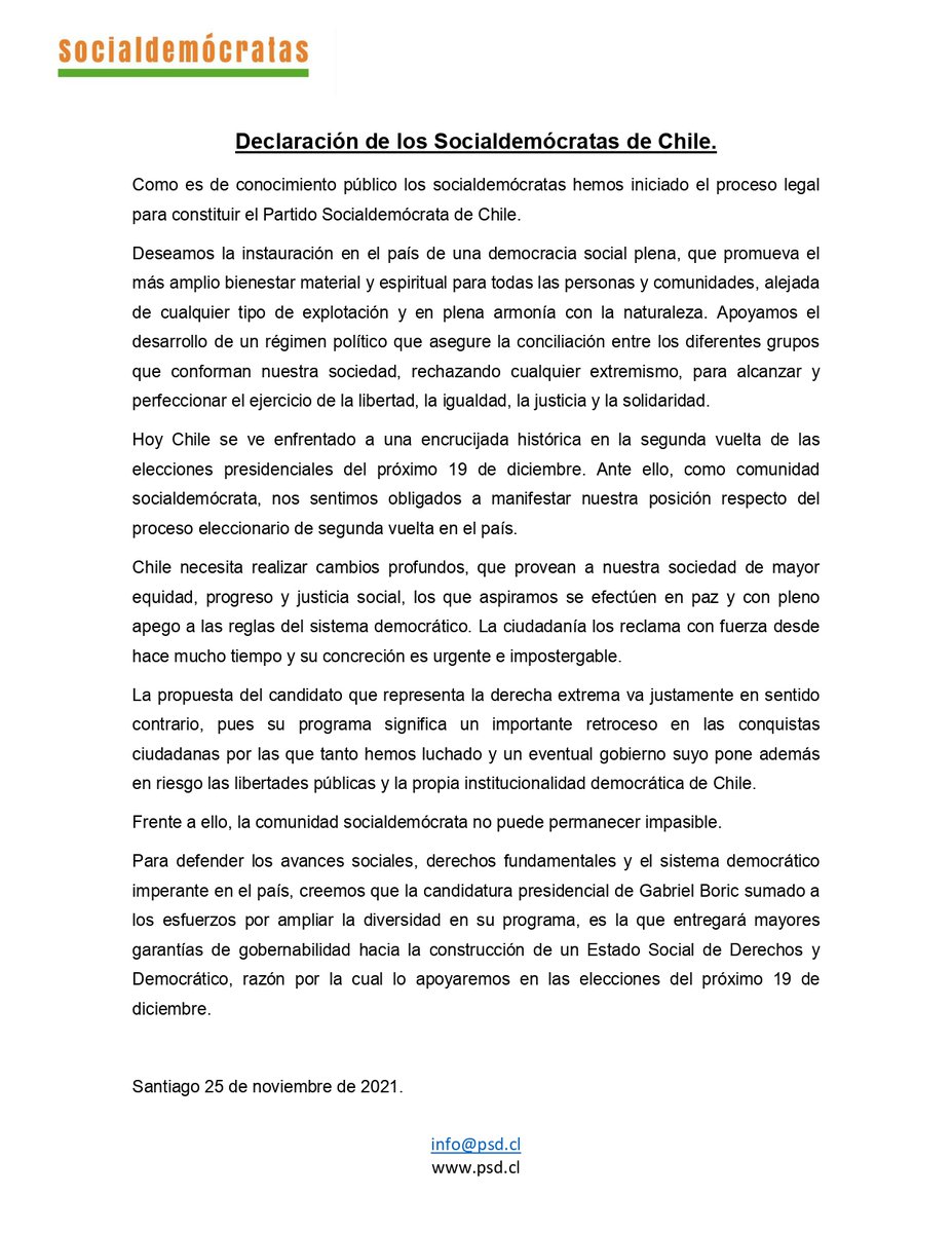 psd_cl's tweet photo. Declaración de los Socialdemócratas en apoyo de @gabrielboric para la segunda vuelta presidencial. Estamos en un momento en el cual se juega la tolerancia, la dignidad y la igualdad. no podemos estar indiferentes. https://t.co/nxE6hhh4jd