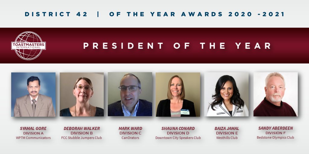 ToastmastersD42's tweet photo. Finalists for the President OTY 20-21:
Div A~Syamal Gore, WPTM Communicators
Div B~Deborah Walker, FCC Stubble Jumpers
Div C~Mark Ward, CanOrators
Div D~Shauna Conard, Downtown City Speakers Club
Div E~Baiza Jamal, Westhills Club
Div F~Sandy Aberdeen, Bedstone Olympics
#OTYs https://t.co/RhOqNvbPek
